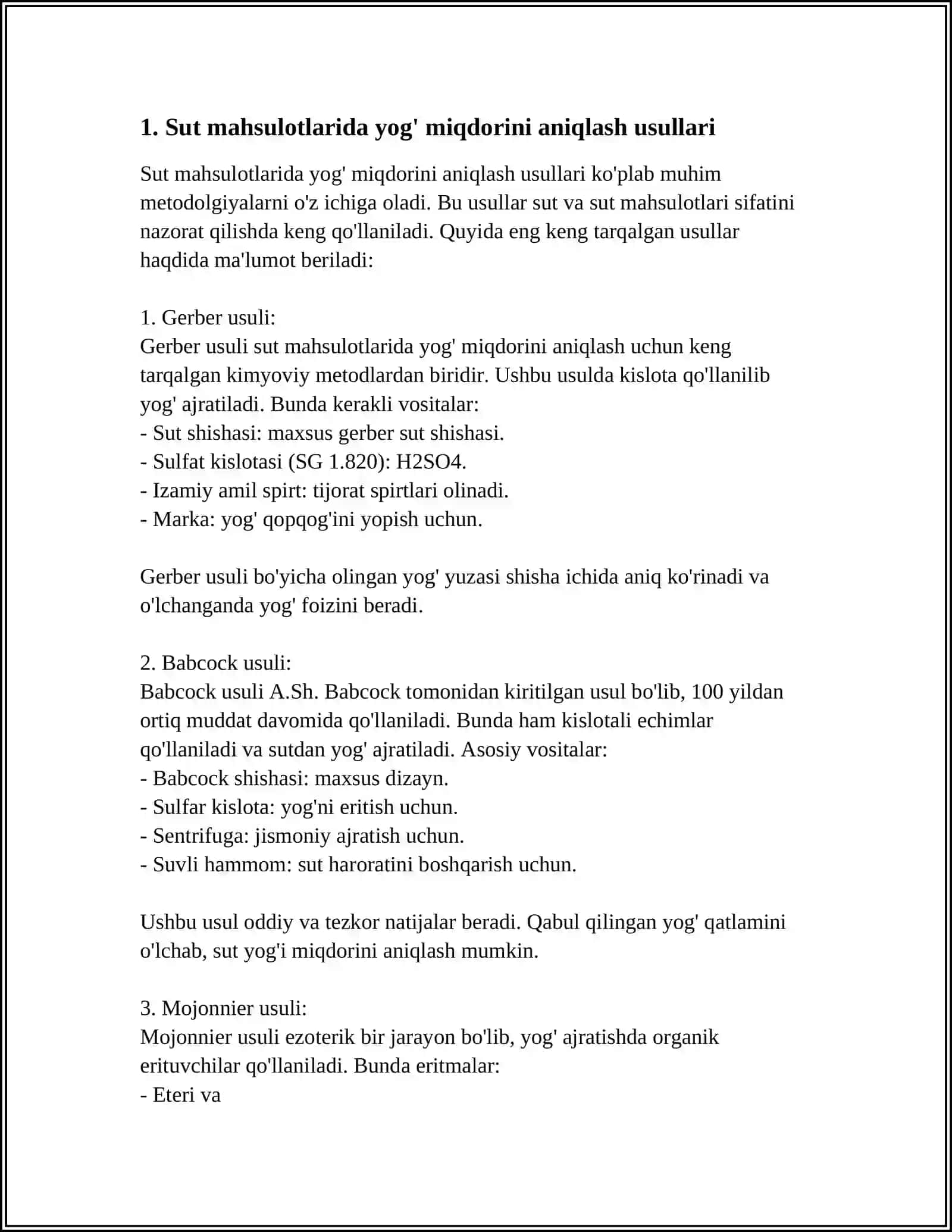 SUT MAHSULOTLARI TARKIBIDAGI YOGʻ VA KISLOTALAR MIQDORINI ANIQLASH 4
