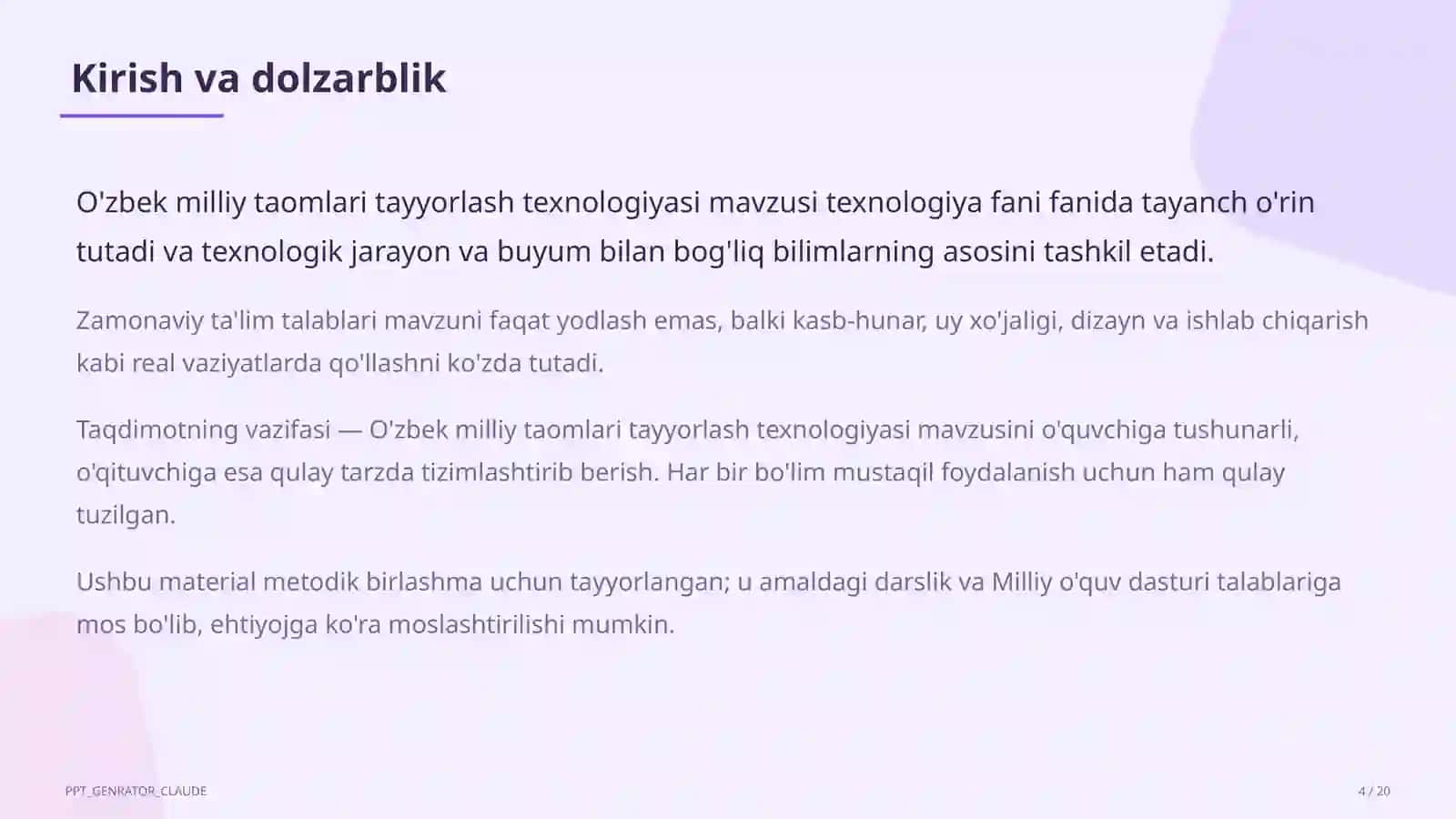 O'zbek milliy taomlari tayyorlash texnologiyasi (6-sinf) 4