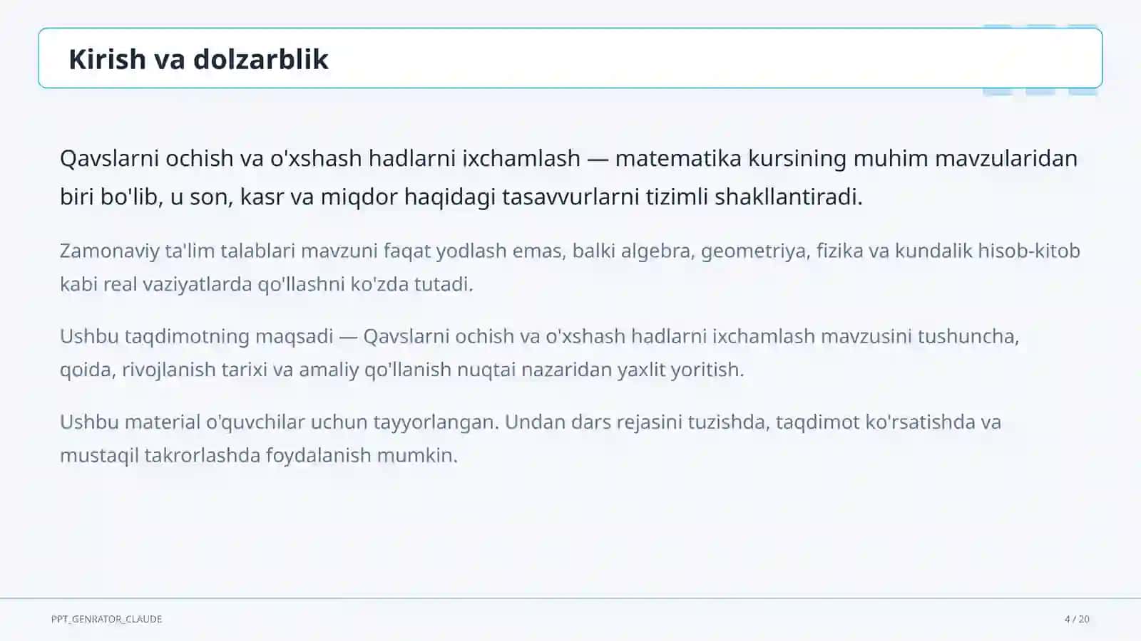 Qavslarni ochish va o'xshash hadlarni ixchamlash (6-sinf) 4