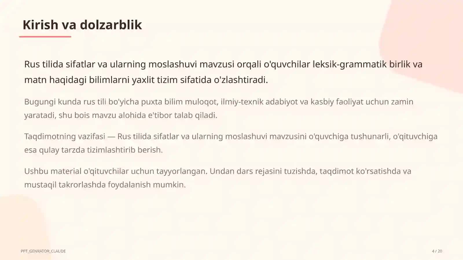 Rus tilida sifatlar va ularning moslashuvi (4-sinf) 4