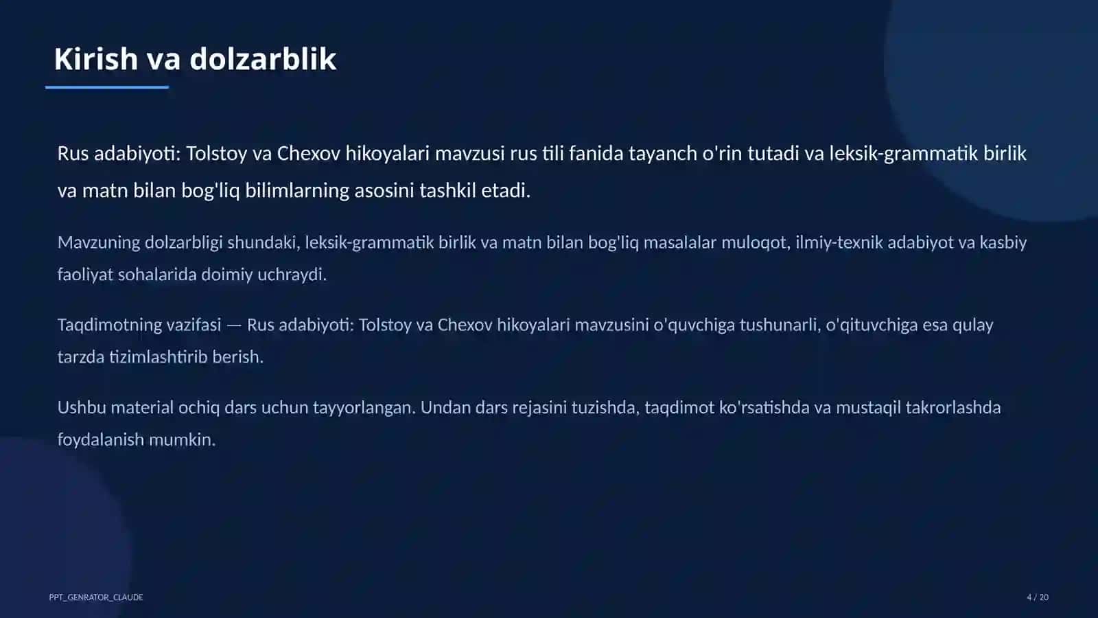 Rus adabiyoti: Tolstoy va Chexov hikoyalari (10-sinf) 4