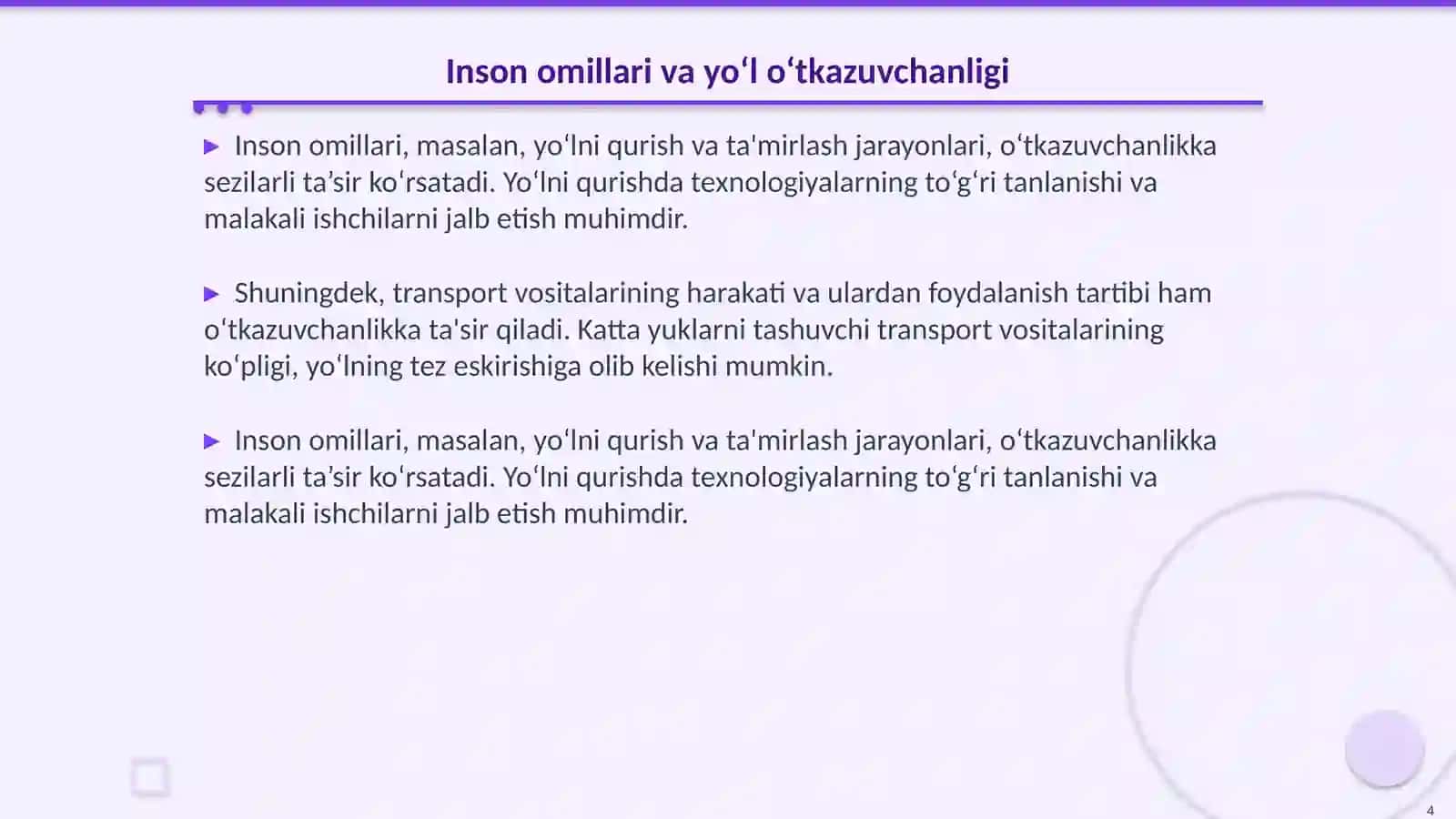 Avtomobil yo‘llarining o‘tkazuvchanlik qobiliyatiga ta’sir etuvchi omillar 4