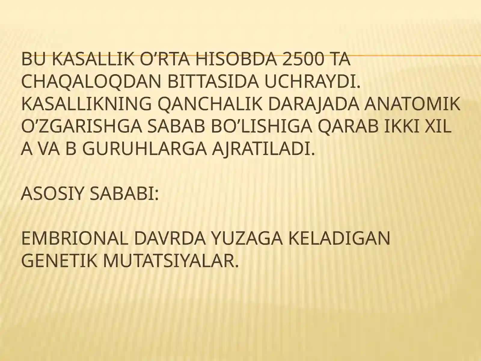 Bolalar yuz-jag’ sohasi patologiyalari, ularni yuzaga kelish sabablari, bemor bolalarni parvarishlash. 4
