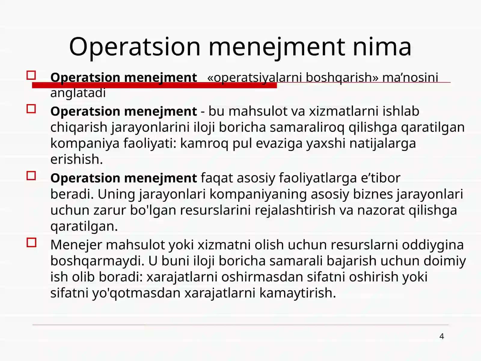 OPERATSION MENEJMENT ASOSLARI, OPERATSION MENEJMENT FANI PREDMETI VA VAZIFALARI 4