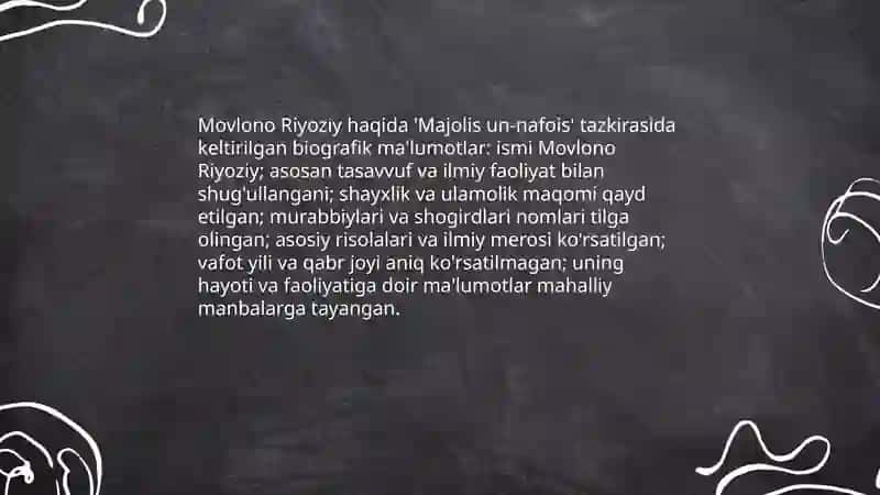 Majolis un- nafois” tazkirasidagi Xoja Muayyad Mehnagiy, Movlono Riyoziy haqida ma’lumotlar” 4
