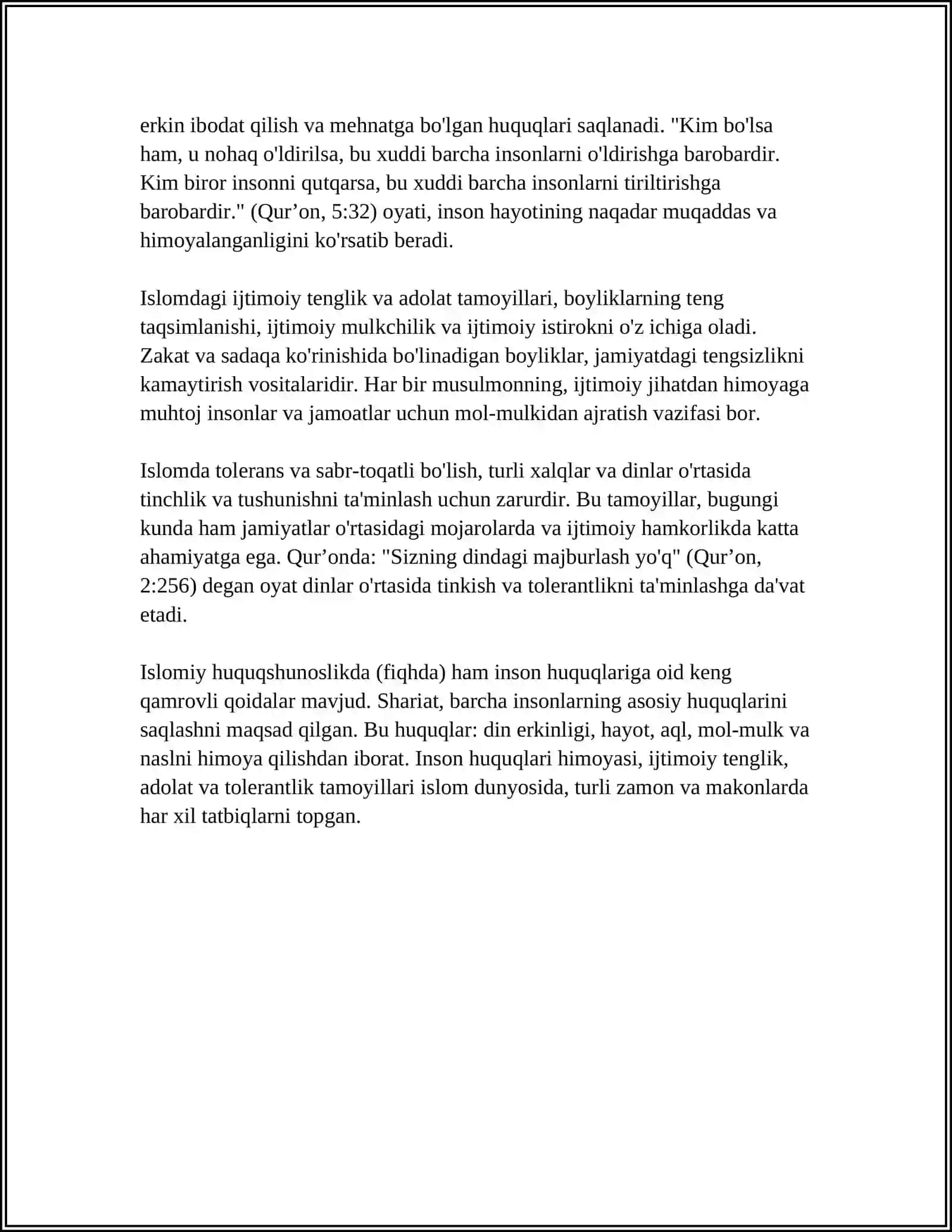 ISLOM DINIDA INSON HUQUQLARI HIMOYASI, IJTIMOIY TENGLIK, ADOLAT VA TOLERANTLIK 4