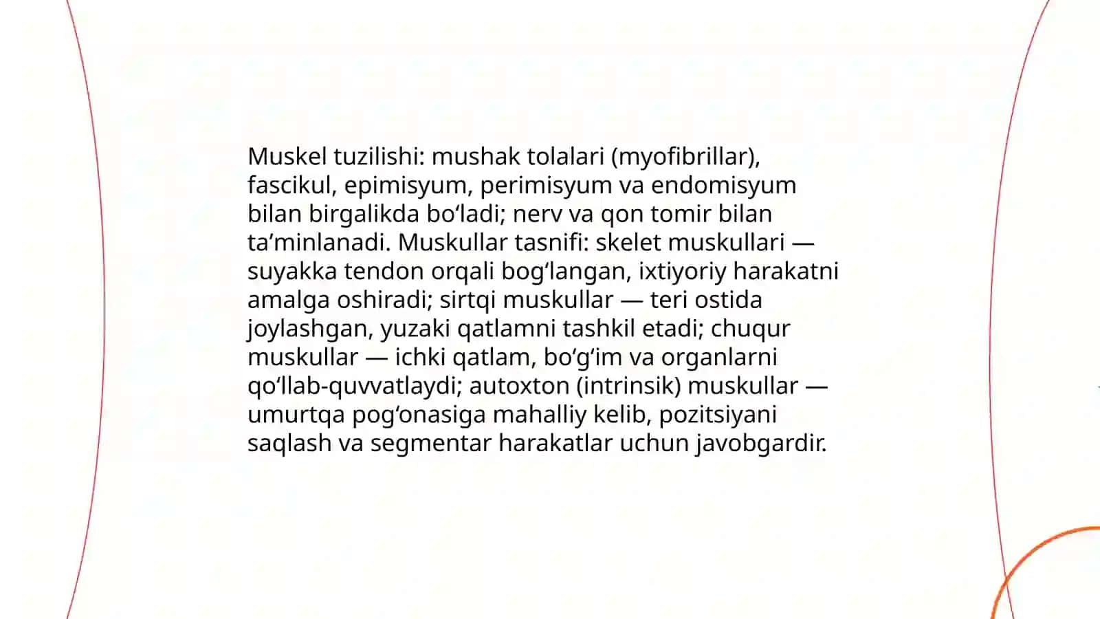 Mialogiya faniga kirish.  Koʻkrak muskullari va fastsiyalari. Koʻkrakning yelka kamariga birlashuvchi va autoxton muskullari. Diafragma, uning tuzilishi, topografiyasi va funktsiyasi 4