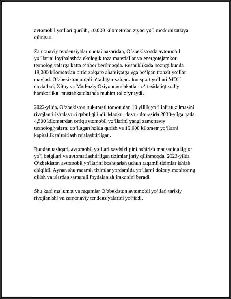 Oʻzbekiston avtomobil yoʻllarini loyihalash: tarixiy rivojlanish va zamonaviy yoʻnalishlar 4