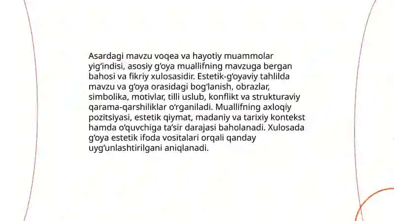 Tanlangan badiiy asarlarni estetik-g‘oyaviy jihatdan tahlil qilish 4
