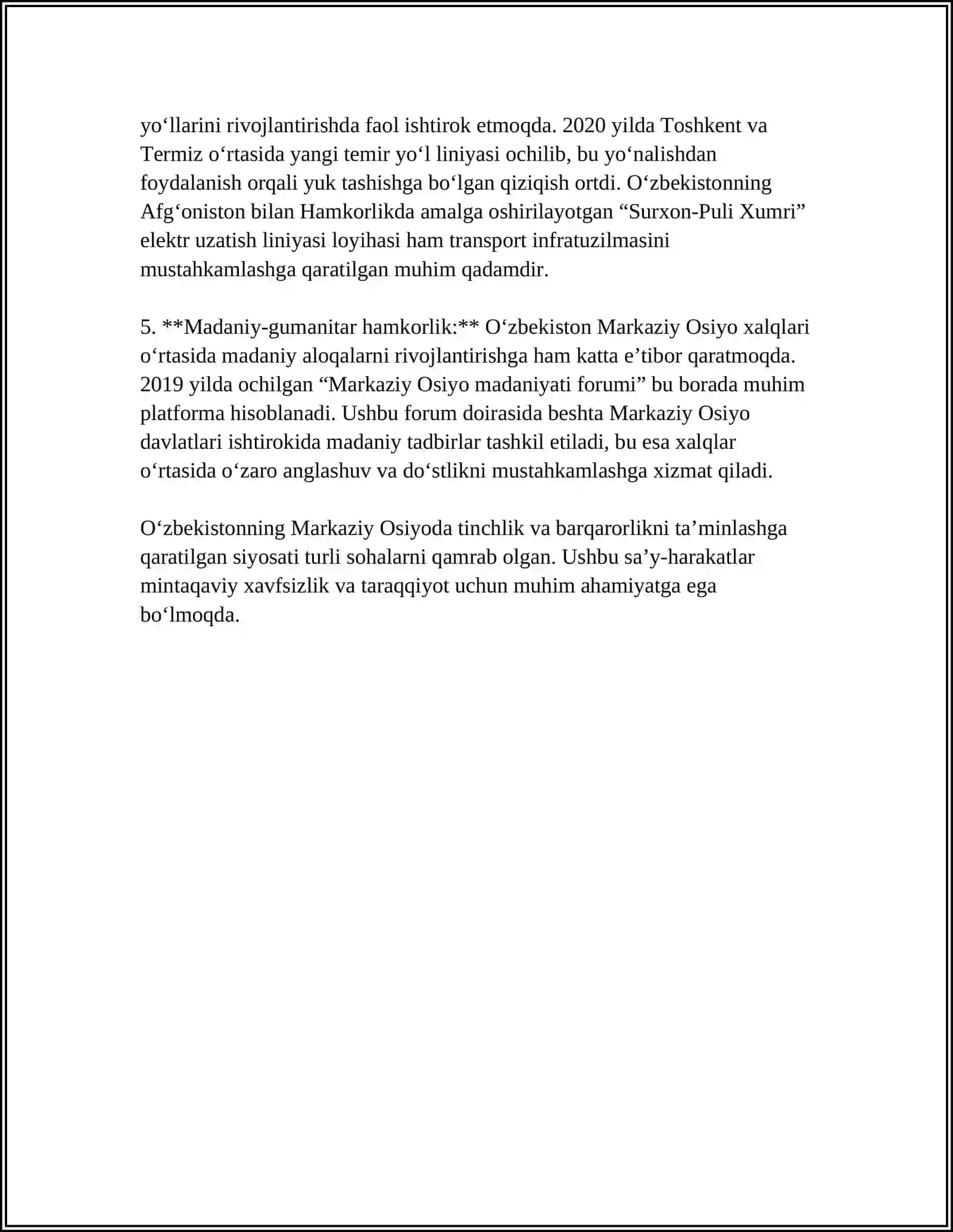 O'ZBEKISTONNING MARKAZIY OSIYODA TINCHLIK VA BARQARORLIKNI TA'MINLASHDAGI O'RI 4