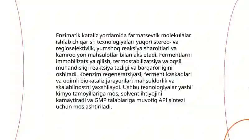 Biorganik kimyo fanidan yutuqlarni;farmatseftikada qo‘llash va oziq-ovqat mahsulotlarida xavsizlikni qo‘llash 4