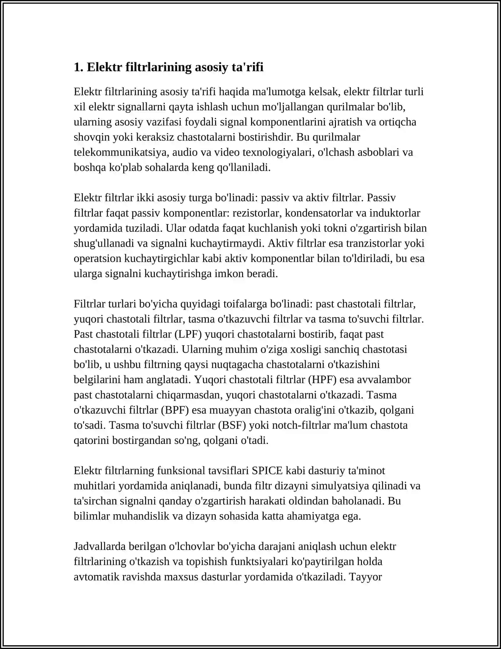 ELEKTR FILTRLARI (EF), TA'RIFLAR, TURLARI. EFNI XISOBLASHDA TAVSIFLARNI ME’YORLASH VA CHASTOTANI ÓZGARTIRISH 4