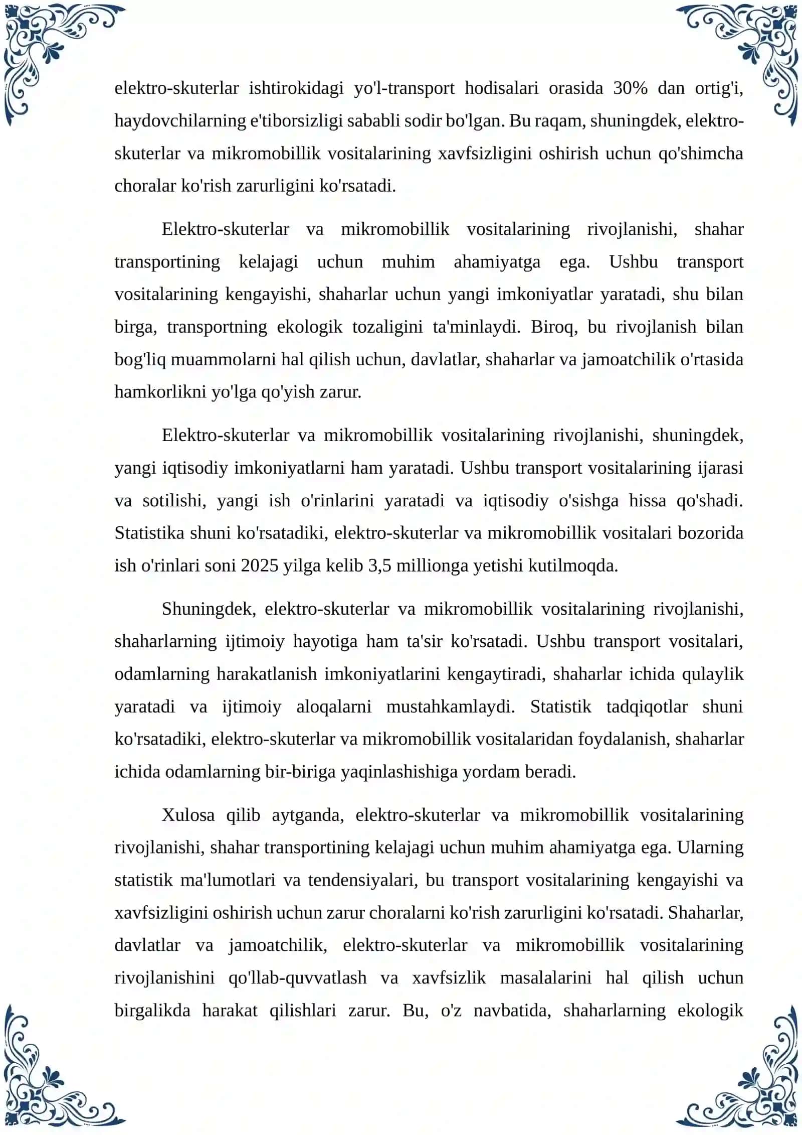 Elektro-skuterlar va mikromobillik vositalari ishtirokidagi YTHlarni statistik prognozlash. 4