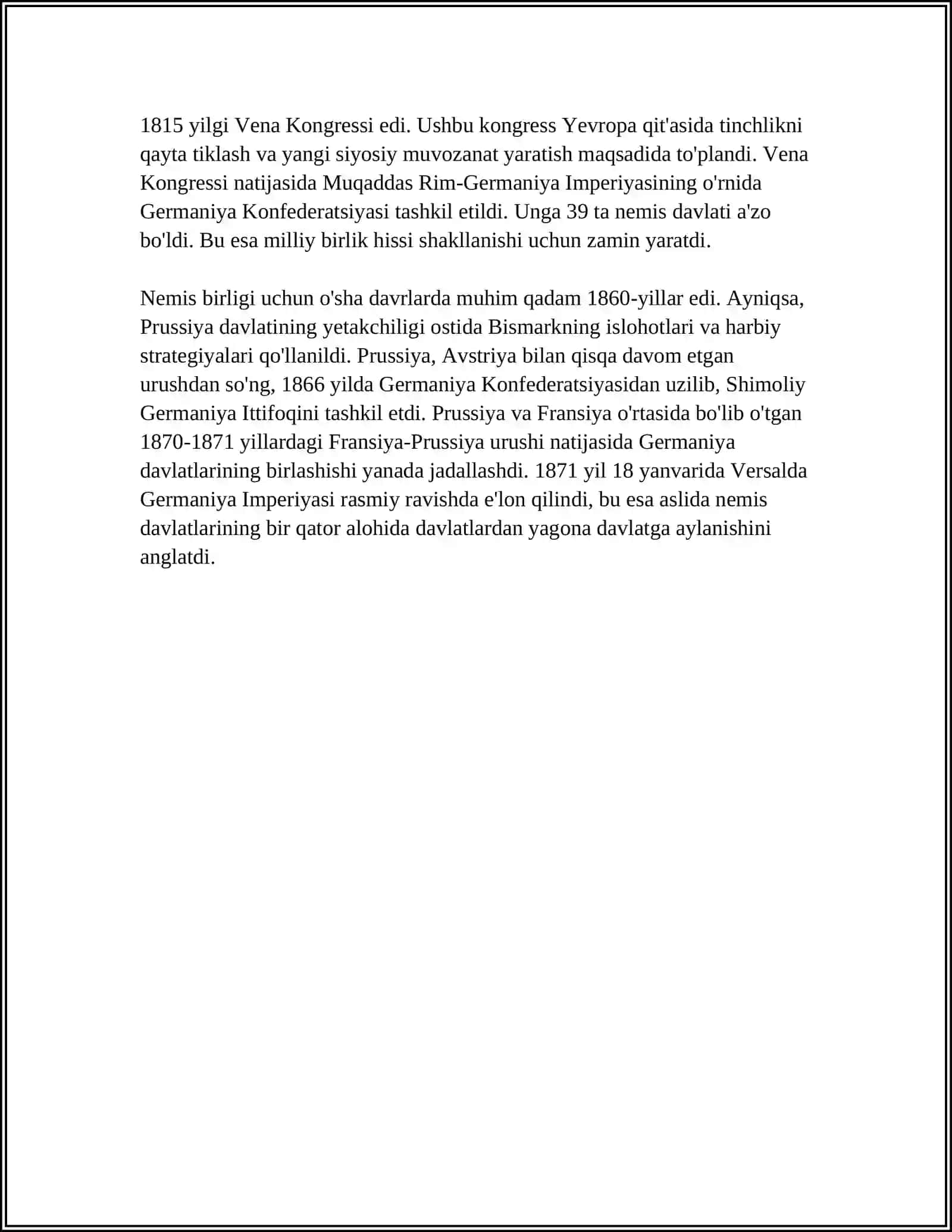 GERMANIYA IMPERIYASINING VUJUDGA KELISHI VA USHBU JARAYONDA O.BISMARKNING TUTGAN OʻRNI 4