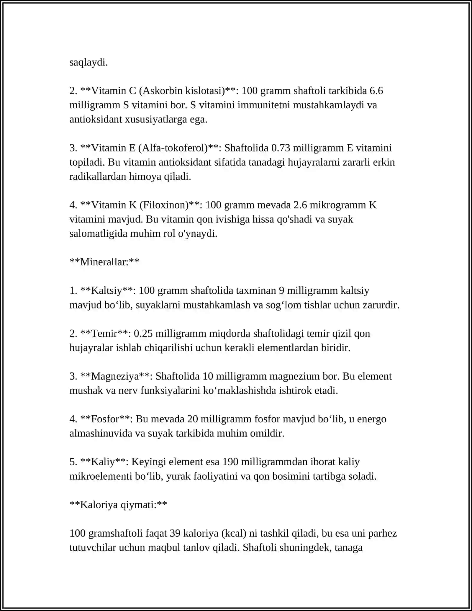 SHAFTOLI MEVASI HAQIDA, TABOBATDA QO'LLANILISHI 4