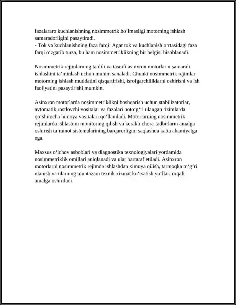 ASINXRON MOTORLARNING NOSIMMETRIK REJIMLARDA ISHLASH SHAROITLARINI OʻRGANISH 4