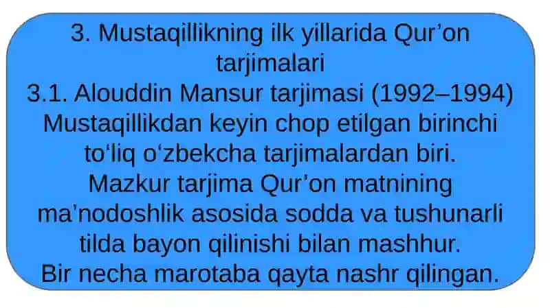 Mustaqillik yillarida Qurʼonning oʻzbek tiliga tarjima qilinishi va tafsilotlari 4