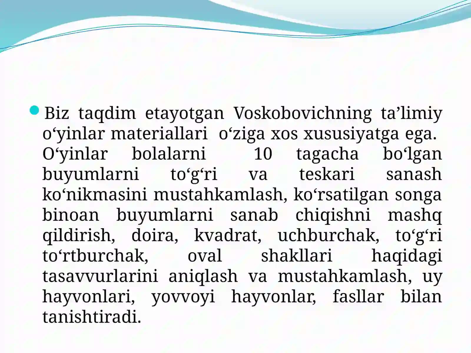 Maktabgacha ta'lim tashkilotida Voskobovich texnologiyasini amaliyotda qo`llash (ko`rgazma) 4