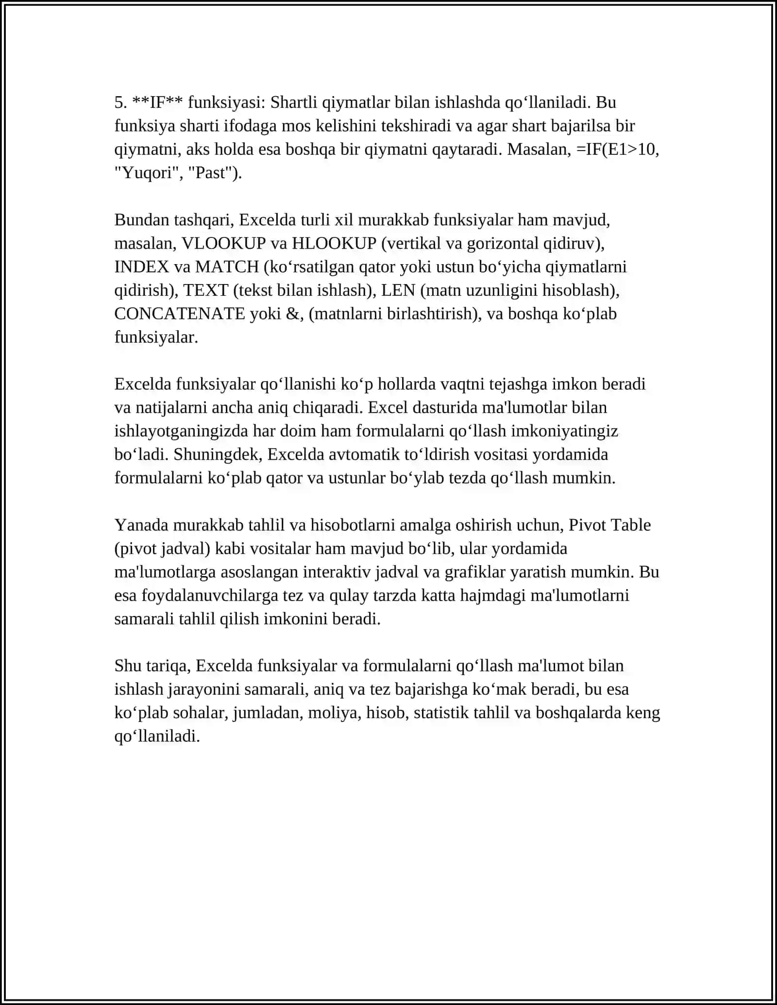 ODDIY MUTAXASISLIK MASALALARNI EXCYELDA YECHISHDA FUNKSIYA FORMULALARDAN FOYDALANISH 4