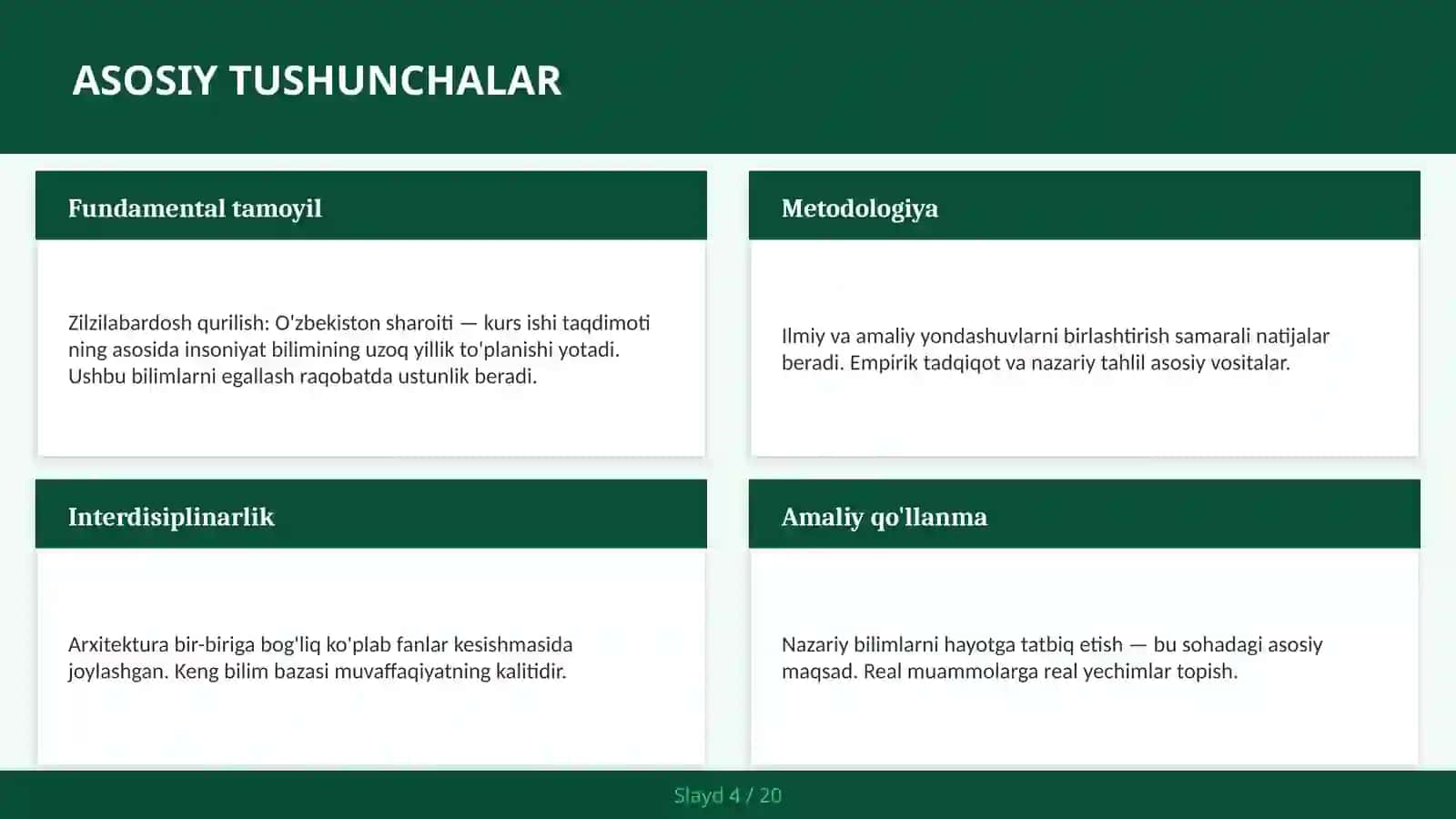 Zilzilabardosh qurilish: O'zbekiston sharoiti — kurs ishi taqdimoti 4