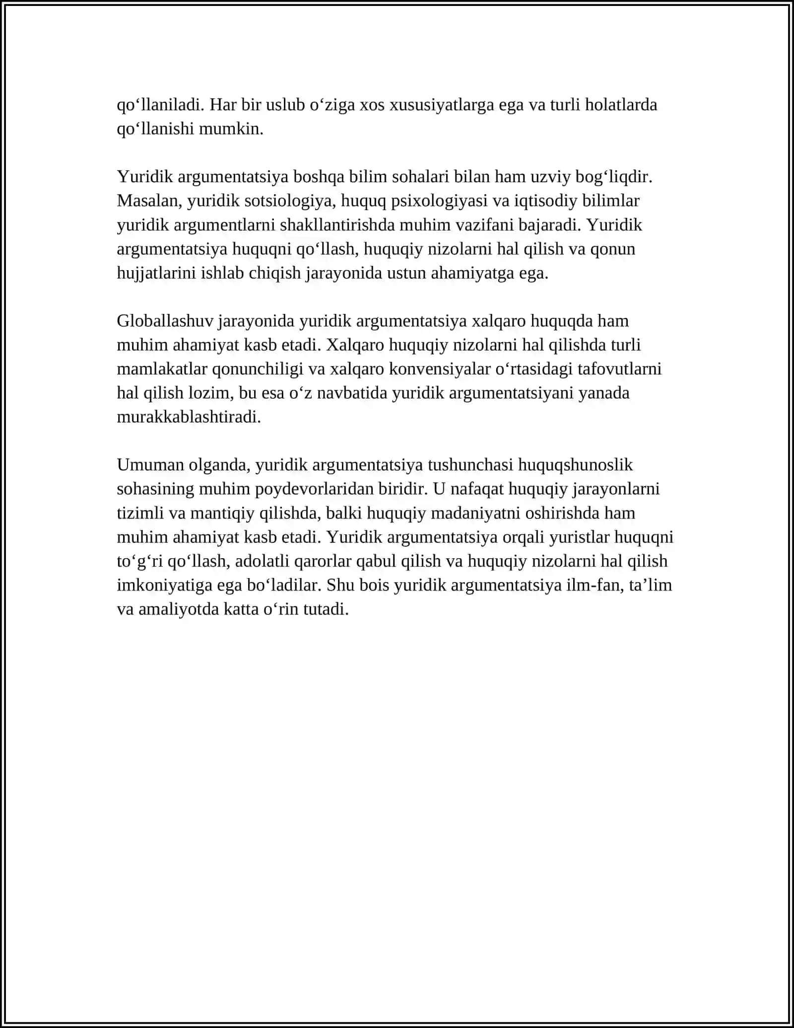 YURIDIK ARGUMENTATSIYA.YURIDIK ASOSLASHNING YURIST FAOLIYATIDAGI O'RNI 4
