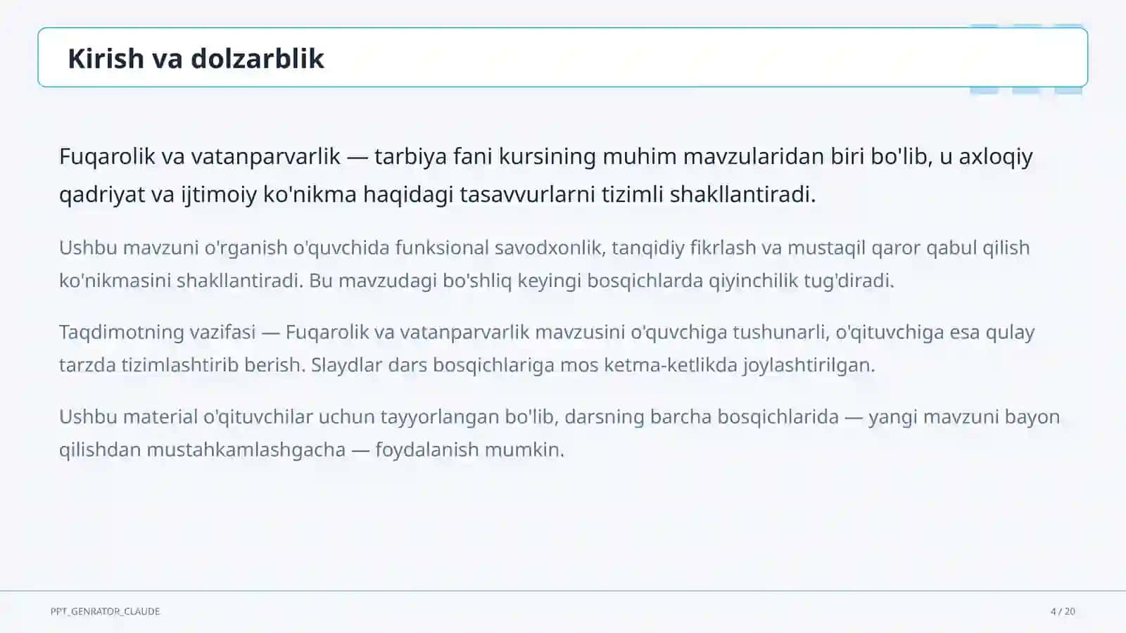 Fuqarolik va vatanparvarlik (8-sinf) Tarbiya fani 4