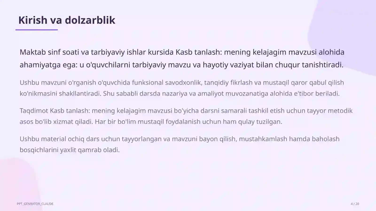 Sinf soati va tarbiyaviy tadbirlar (1–11) — ochiq dars uchun 4