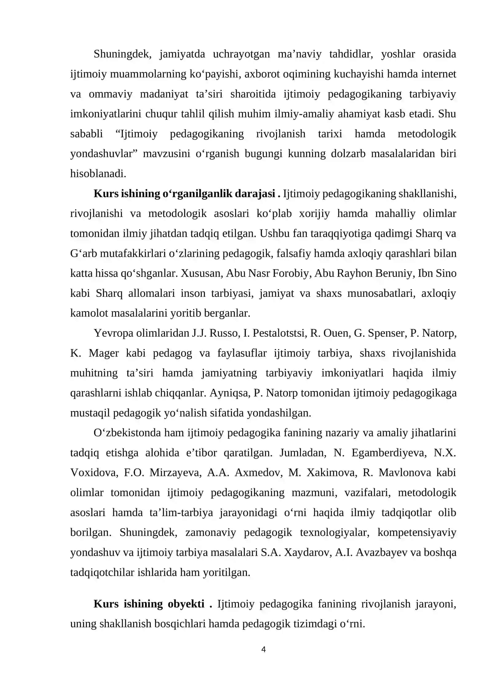 KURS ISHI: “Ijtimoiy pedagogikaning rivojlanish tarixi hamda metodologik yondashuvlar” 4