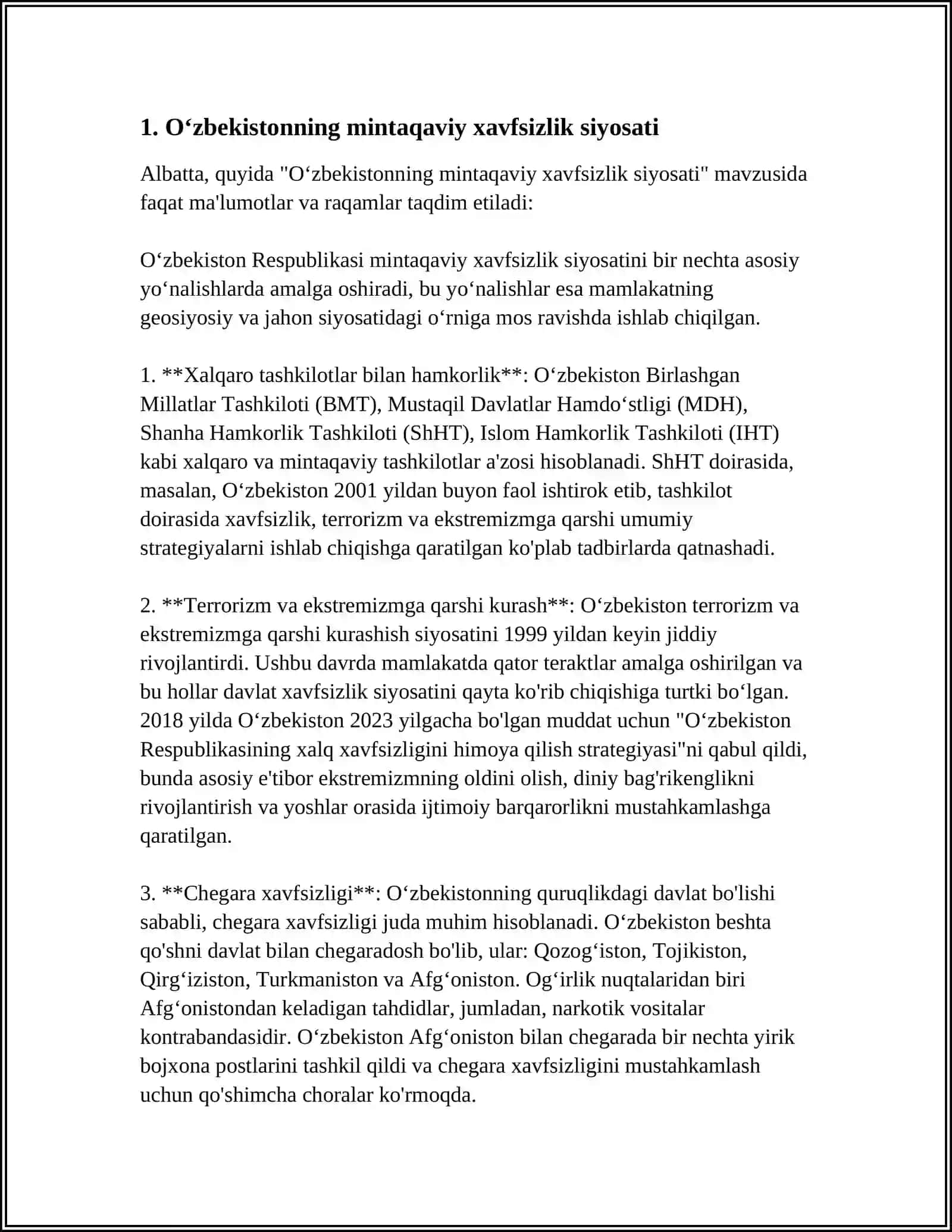 OʻZBEKISTONNING MARKAZIY OSIYODA TINCHLIK VA BARQARORLIKNI TA'MINLASHDAGI OʻRNI 4