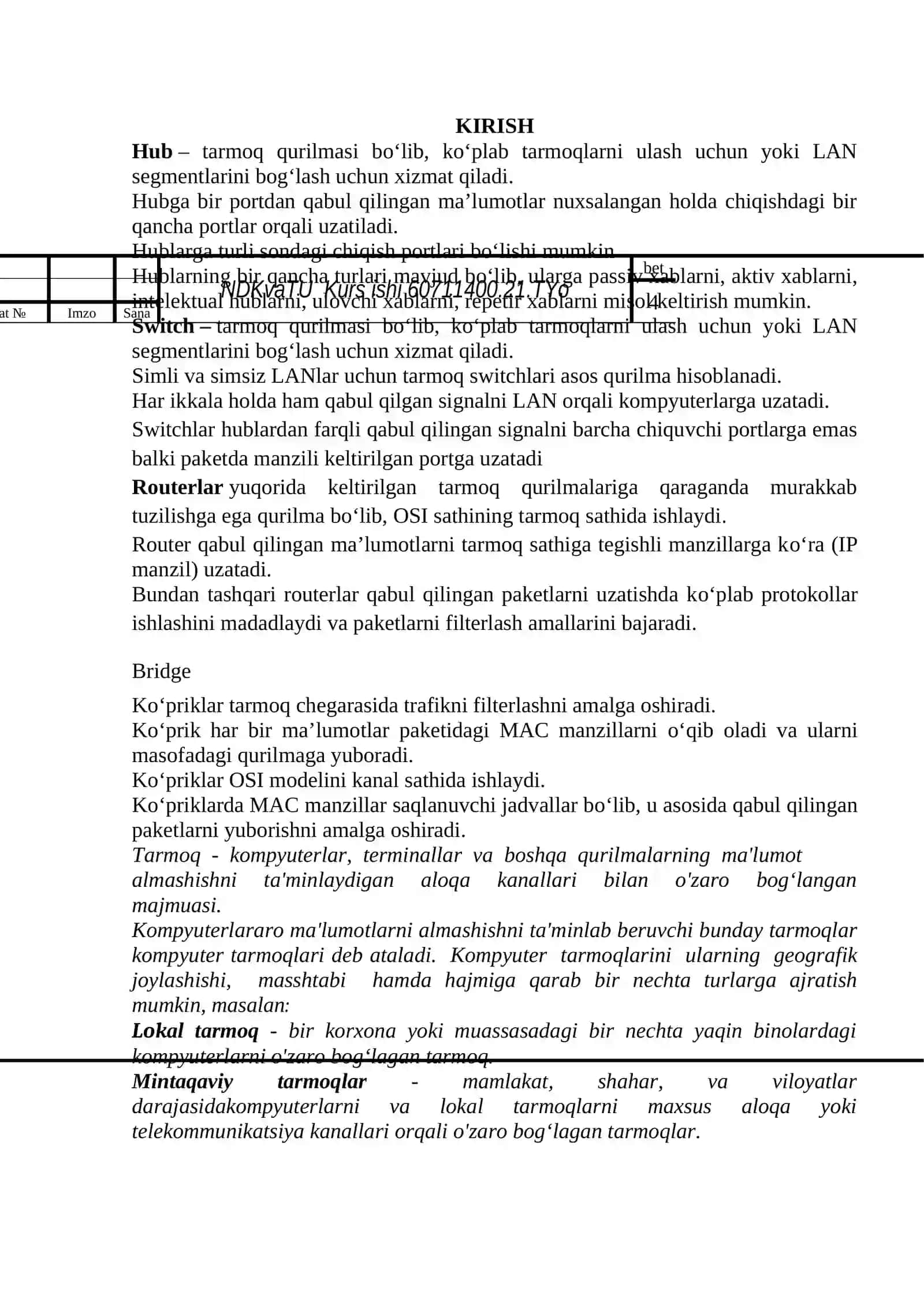 Kompyuter tizimlari va tarmoqlari KURS ISHI 4