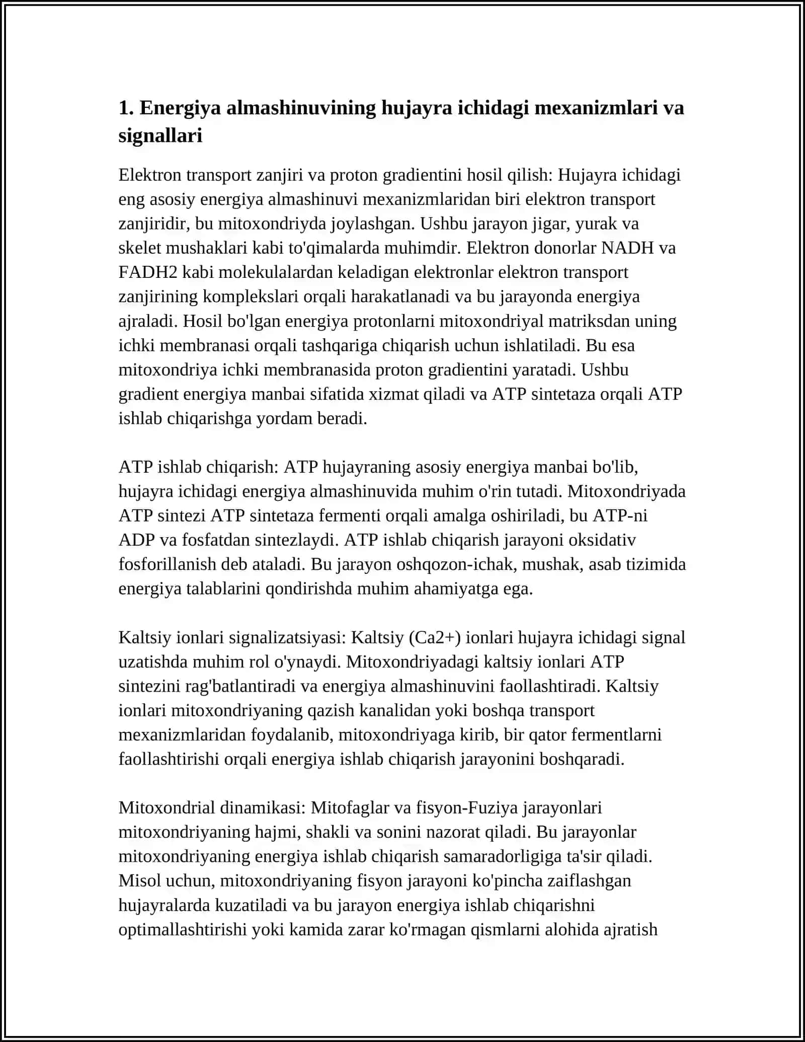 ENERGIYA ALMASHUNUVINING BOSHQARILISHI. METOXONDRIAL KASALLIKLAR. GEPOENERGETIK HOLATLAR 4