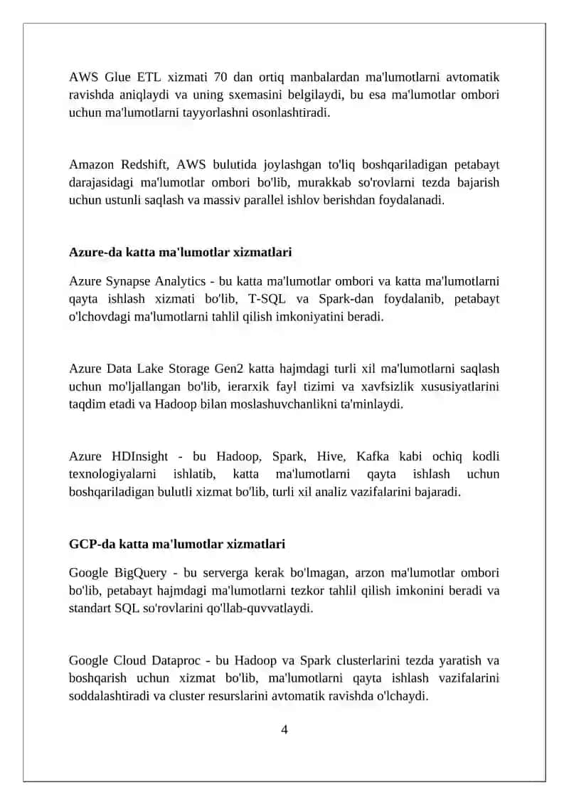 Bulut texnologiyalarida katta ma’lumotlar (AWS, Azure, GCP) 4