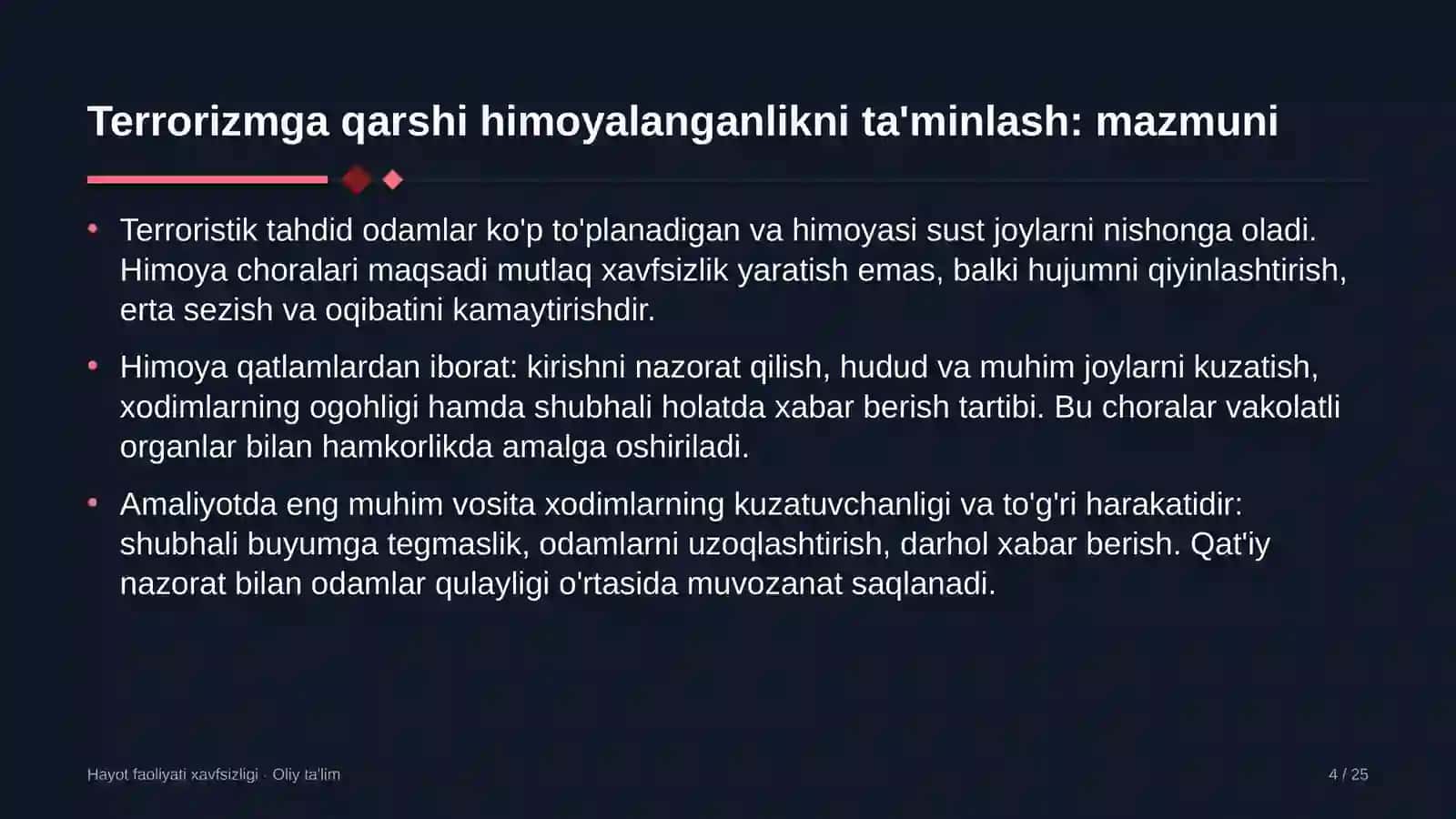 Hayot faoliyati xavfsizligi · Oliy ta'lim 4