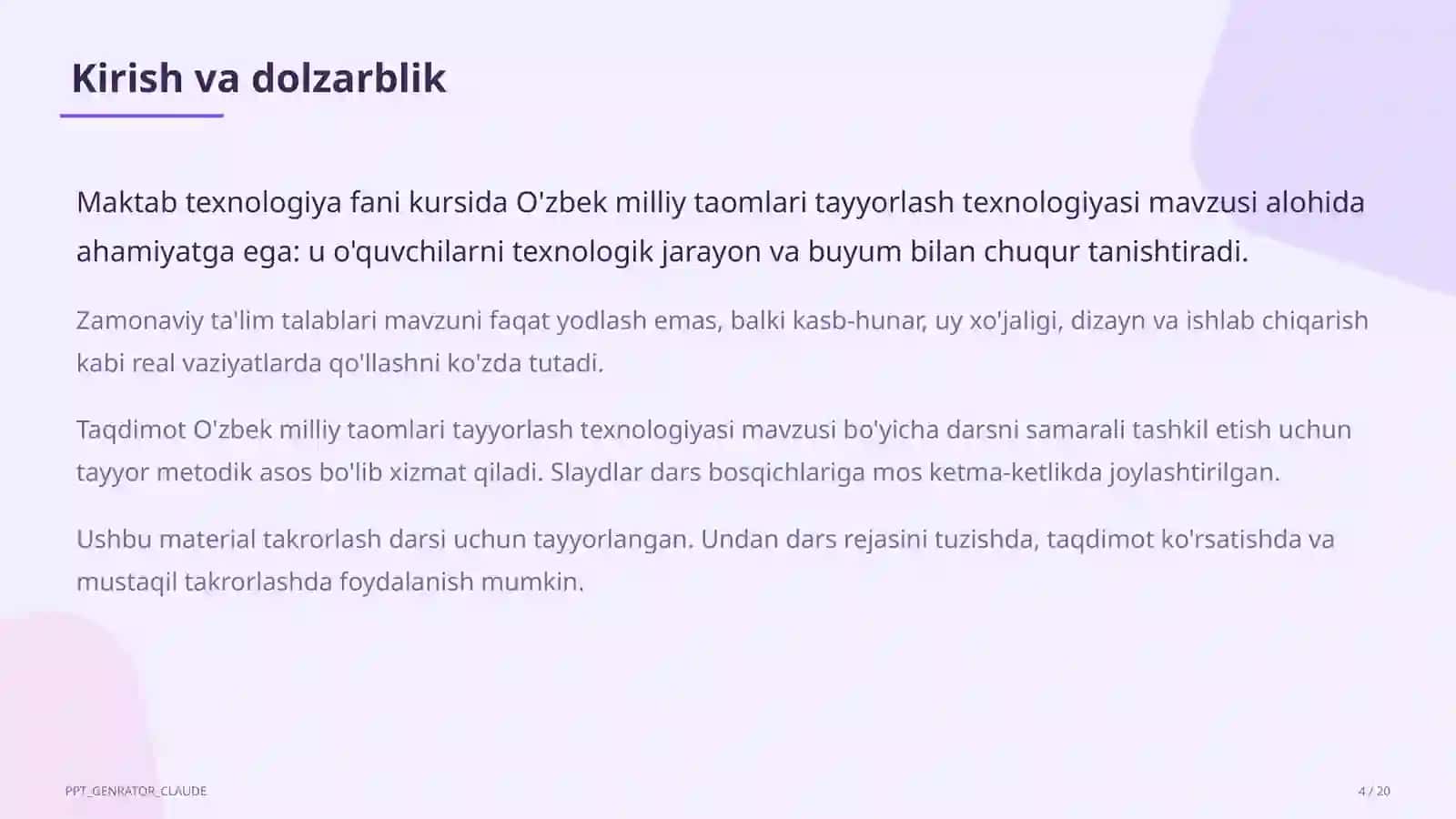 O'zbek milliy taomlari tayyorlash texnologiyasi (6-sinf) 4