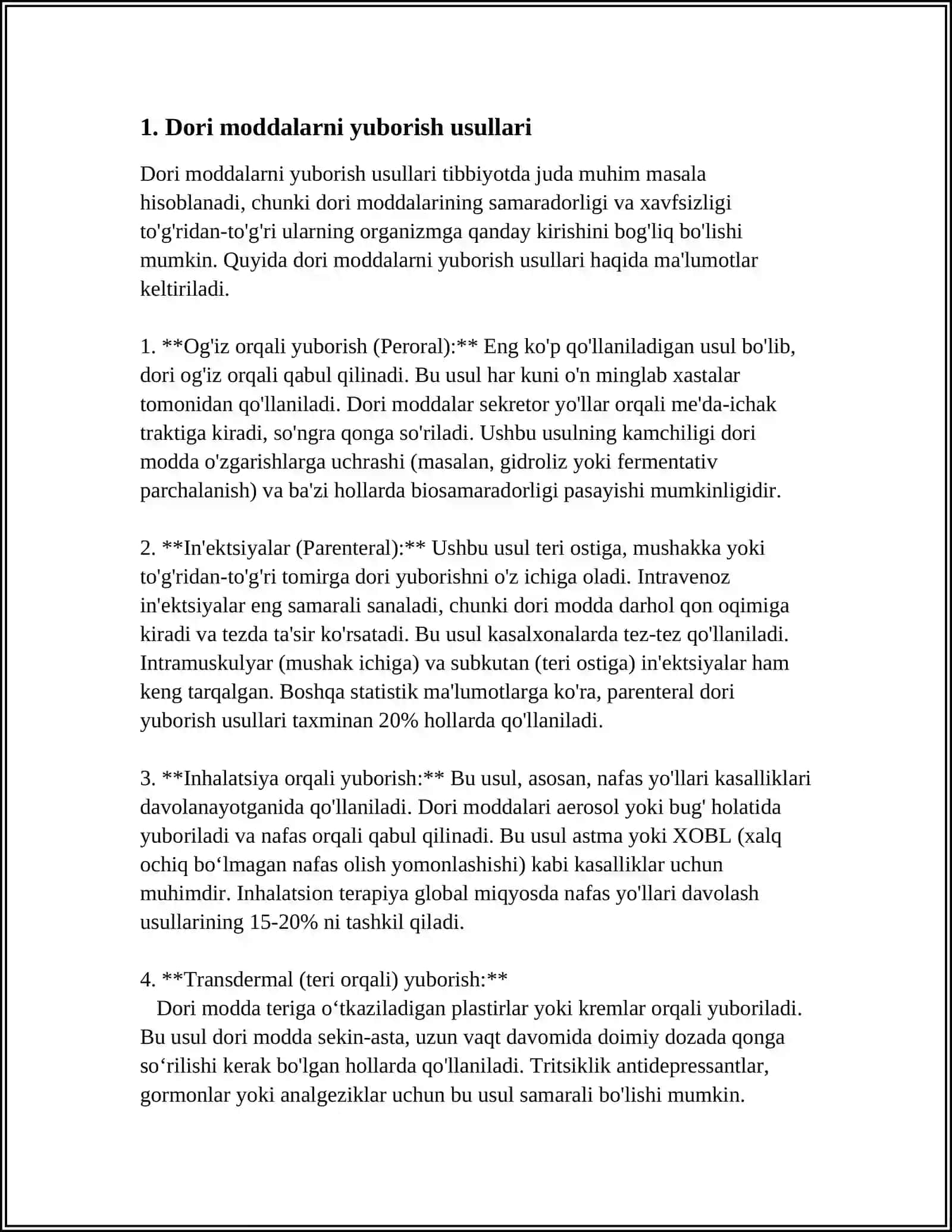 DORI MODDALARNI ORGANIZMGA YUBORISH YOLLARI 4
