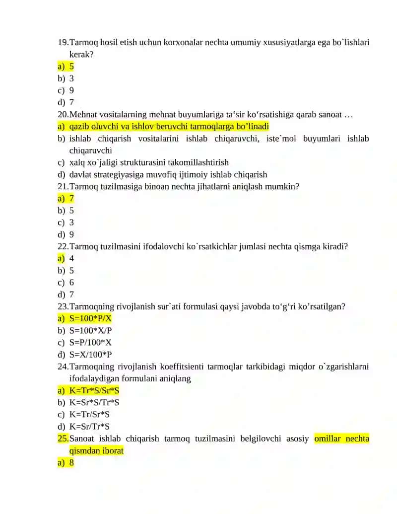 Tarmoqlar iqtisodiyoti fanidan yakuniy test savollari javoblari bilan 4