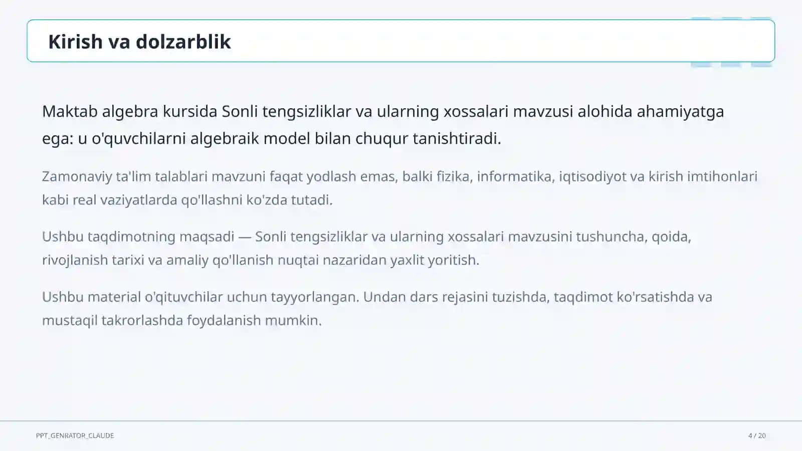 Sonli tengsizliklar va ularning xossalari (8-sinf) 4