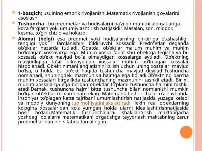 2-ma’ruza:Maktabgacha yoshdagi bolalarning matematik rivojlanishining milliy va xorijiy konsepsiyalari. Sharq matematik olimlarining asarlarida arifmetikaning rivojlanishi 4