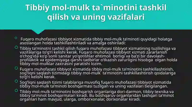FUQАRО MUHОFАZАSI TIBBIYOT ХIZMАTI TUZILMАLАRINI VА MUАSSАSАLАRINI  MОL-MULKLАR BILАN TА’MINLАSH VA MUHOFAZA QILISH 4