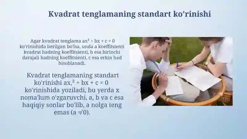 8 sinflarga kvadrat tenglamalar mavzusida sinovdarsotish 4