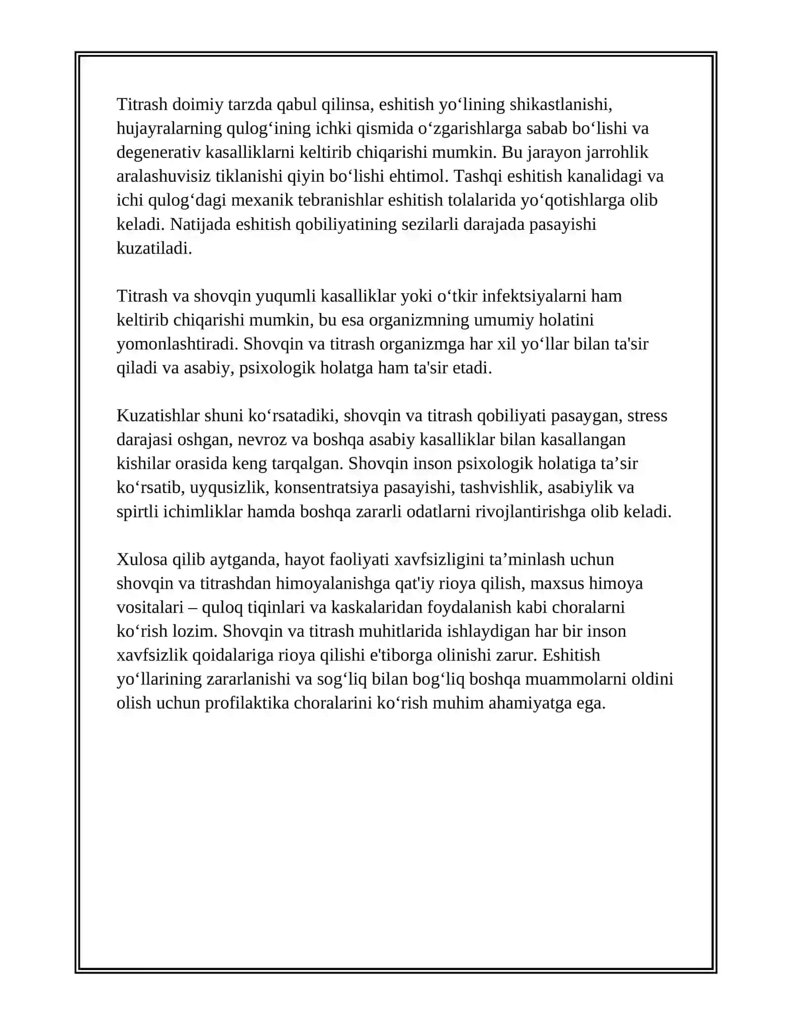 HAYOT FAOLIYATI XAVFSIZLIGI FANIDAN "SHOVQIN VA TITRASHNING INSON ORGANIZMIGA ZARARLI TAʼSIRI" 4