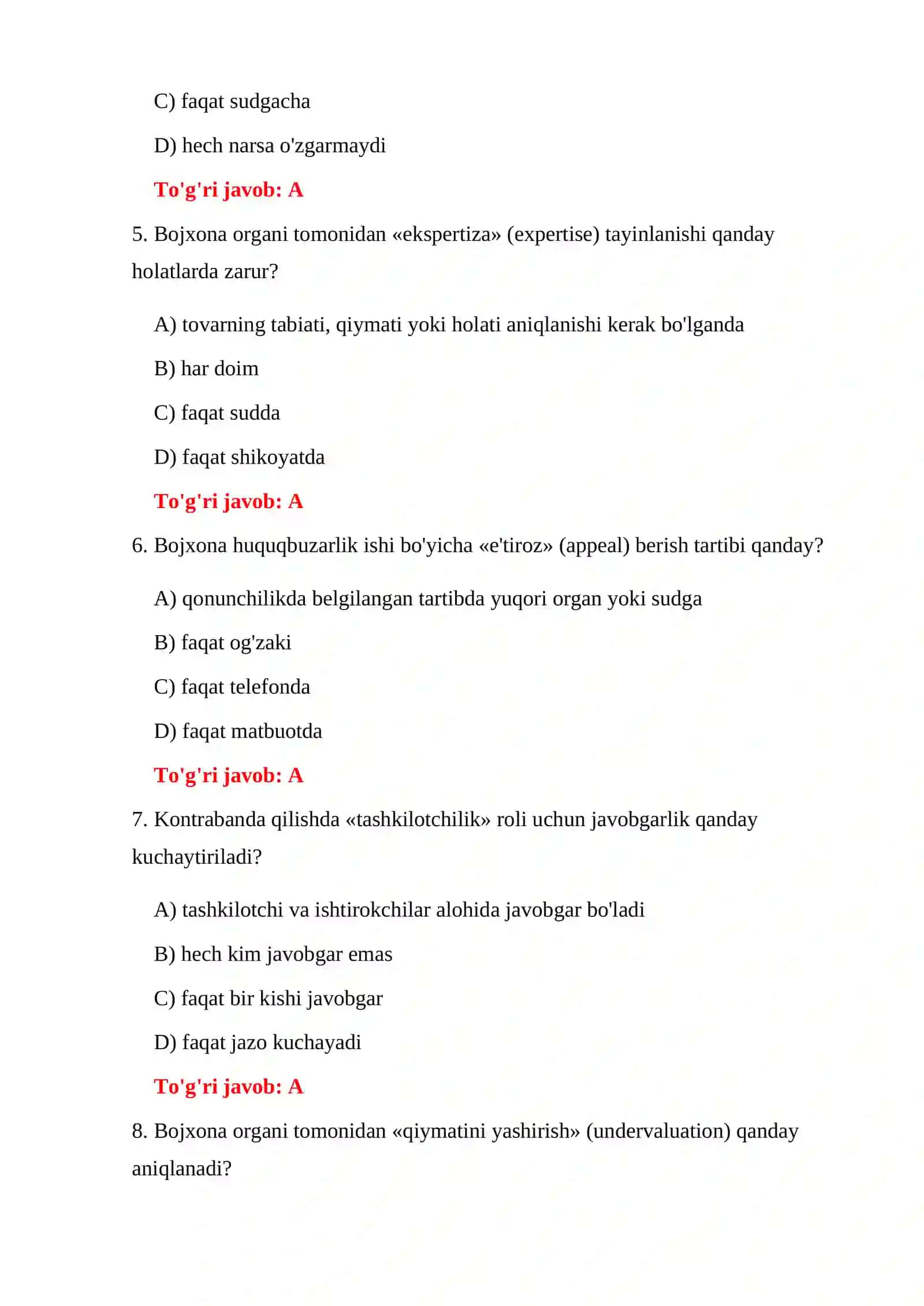 KONTRABANDA BO'YICHA IMTIHON SAVOLLARI 4