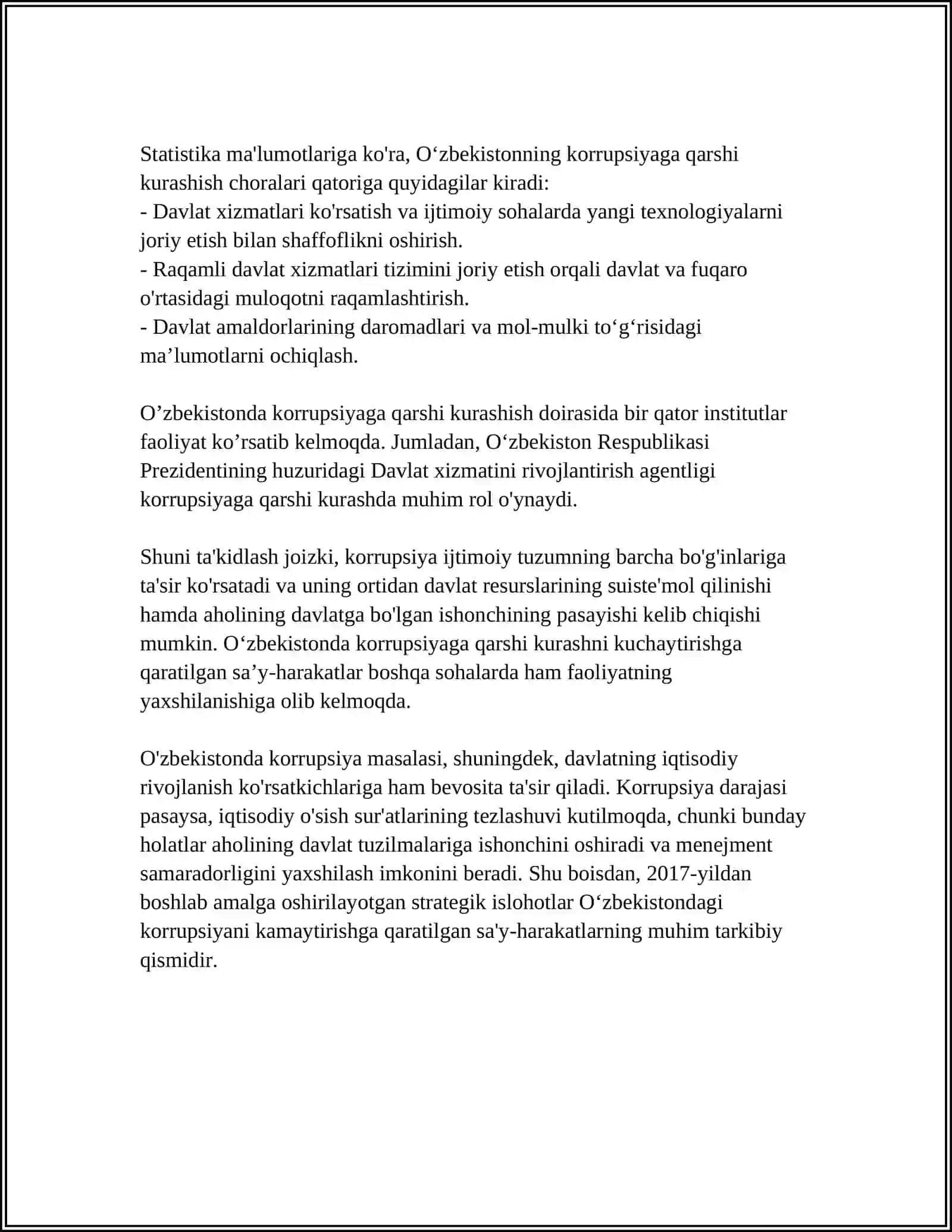 MUSTAQIL ISH Mavzu: O'ZBEKISTONDA KARRUPSIYA 4