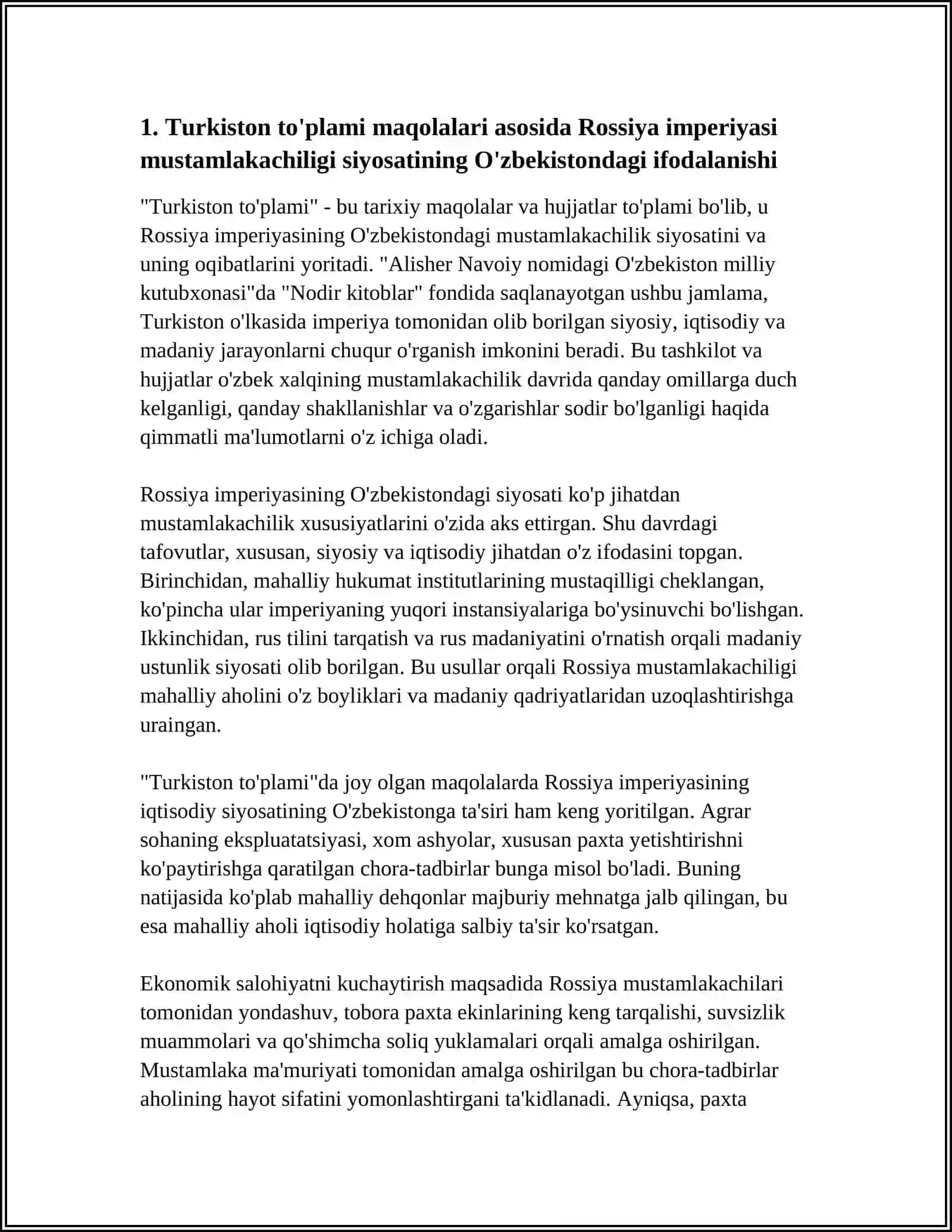 TURKUSTON TO'PLAMI JAMLAMMASI ASOSIDA MUSTAMLAKA TARIXIGA OID MAQOLALARNI O'RGANISH 4