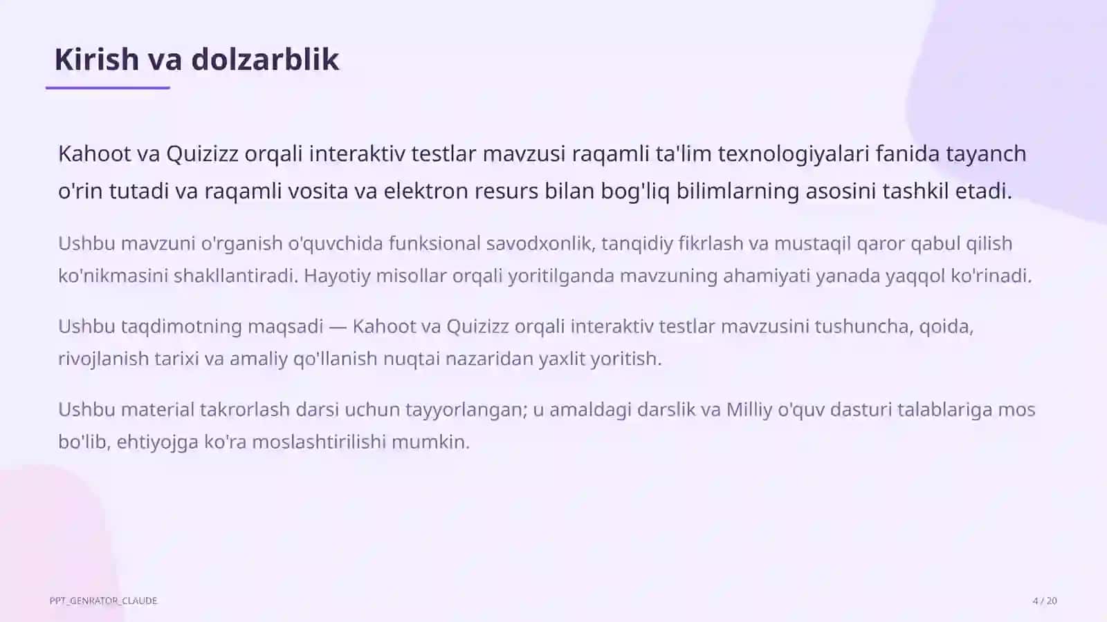Takrorlash Darsi Uchun Kahoot va Quizizz Testlar 4