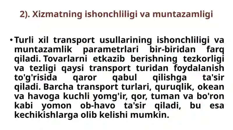 Tashish jarayoni boshqarishda transport turini tanlash va ulardan foydalanish 4