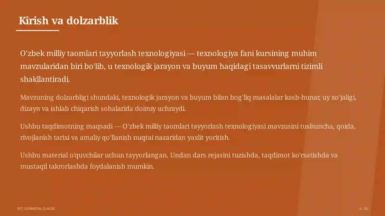 O'zbek milliy taomlari tayyorlash texnologiyasi (6-sinf) 4