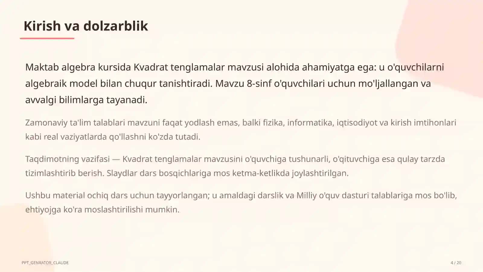 Kvadrat tenglamalar (8-sinf) 4