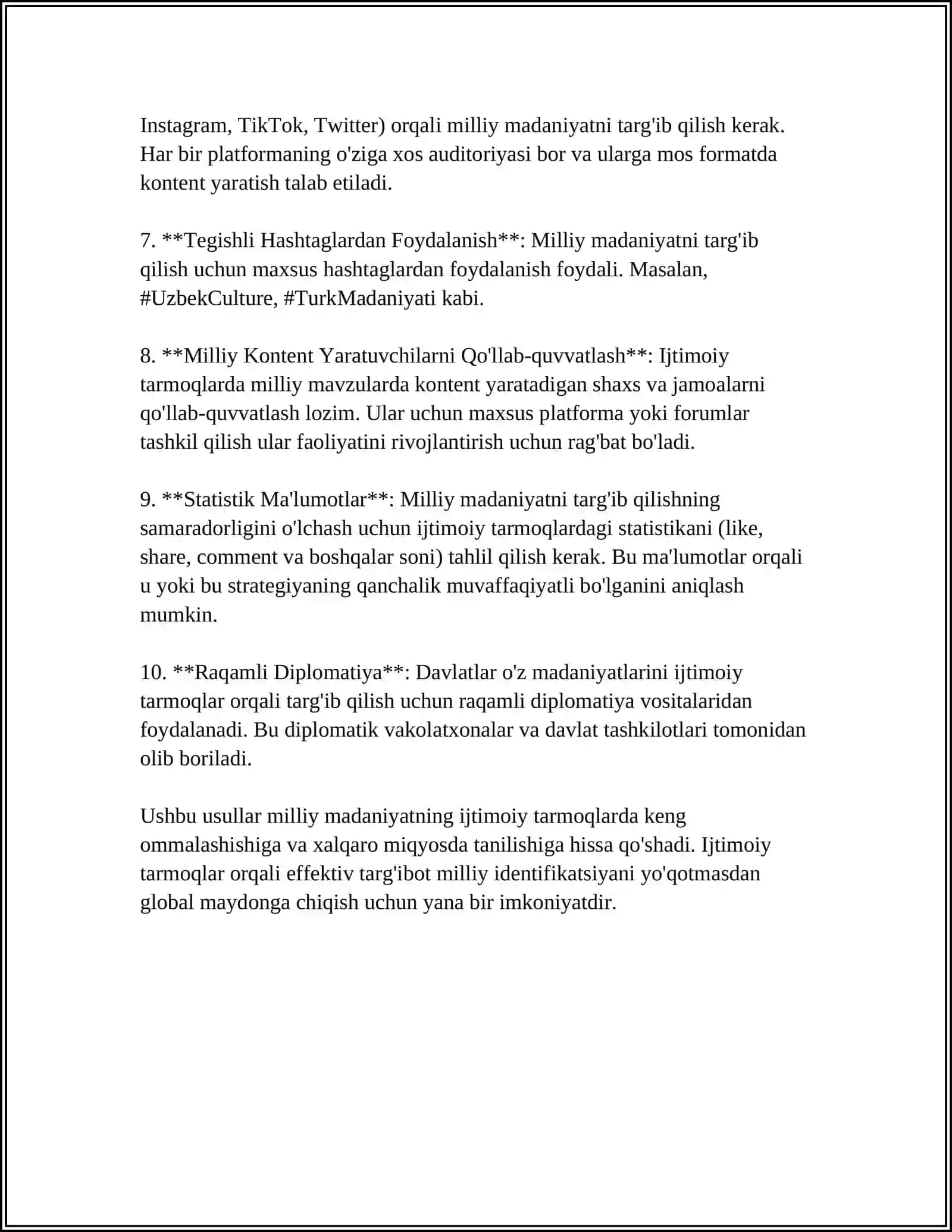 IJTIMOIY TARMOQLARDA MADANIYAT MAVZUSIDA MUSTAQIL ISH 4