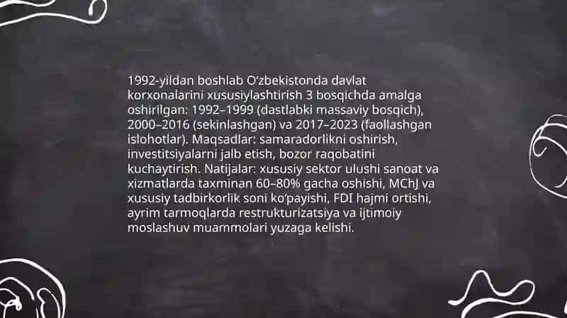 Iqtisodiy islohotlar xususiy mulkchilikning shakillanishi oʻzbekistonda bozor munosabatlarining rivojlanishi 4